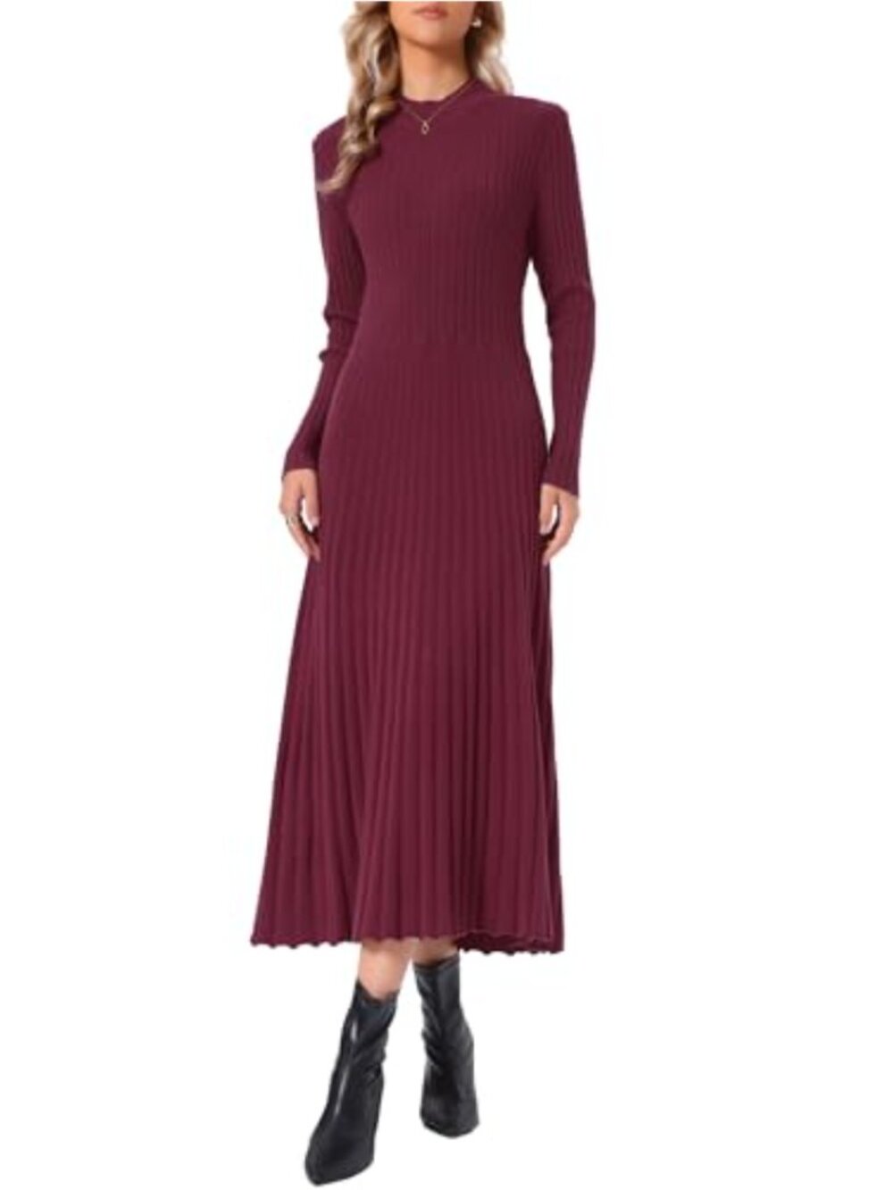 Allegra K Womens Sweater Dress Mock Neck Long Sleeve Pleated Midi Bodycon